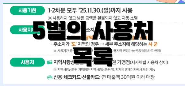 5벌의 사용처 목록